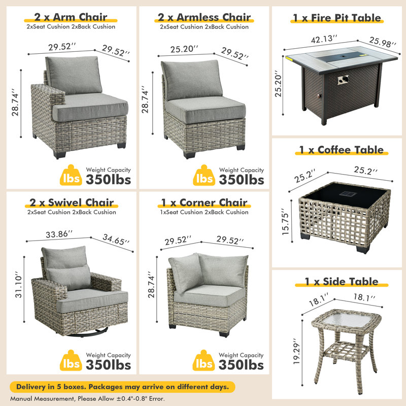 Ensemble de conversation d'extérieur en rotin pour 7 personnes avec chaises berçantes pivotantes et table de foyer