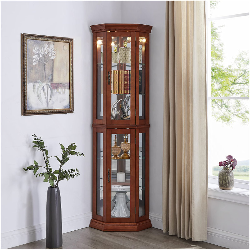 Vitrine de coin avec lumières, tablettes réglables en verre trempé, dossier en miroir, vitrine, noyer clair (ampoule E26 non incluse)