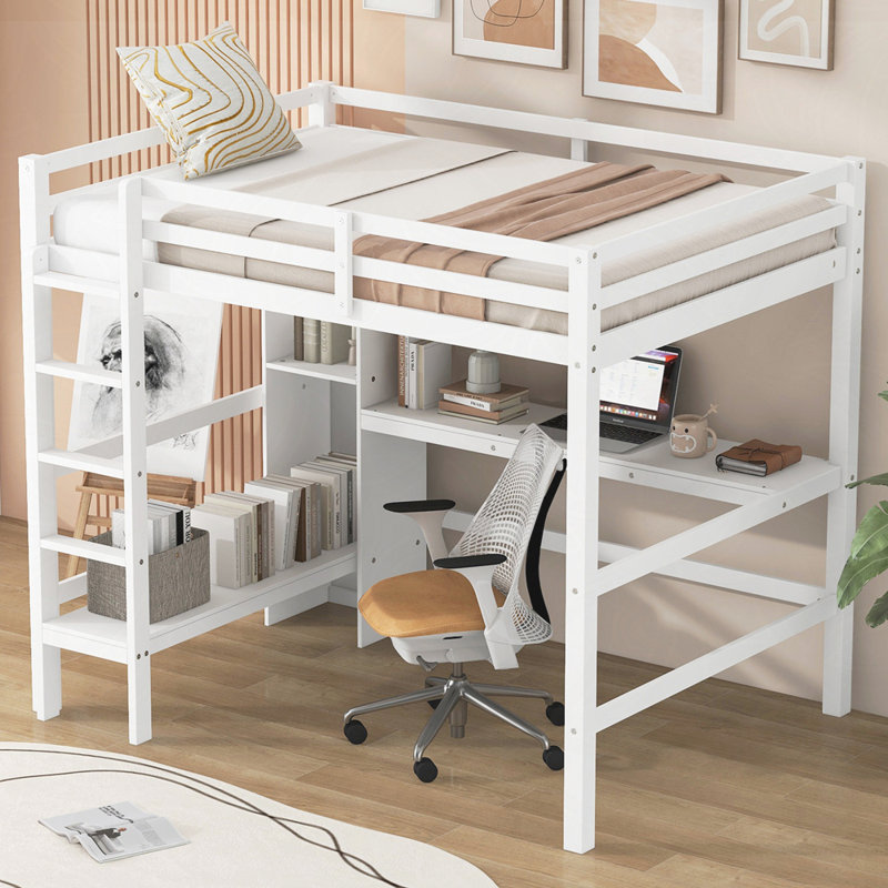 Lit mezzanine avec tablettes multifonctionnelles et bureau sous le lit, Blanc