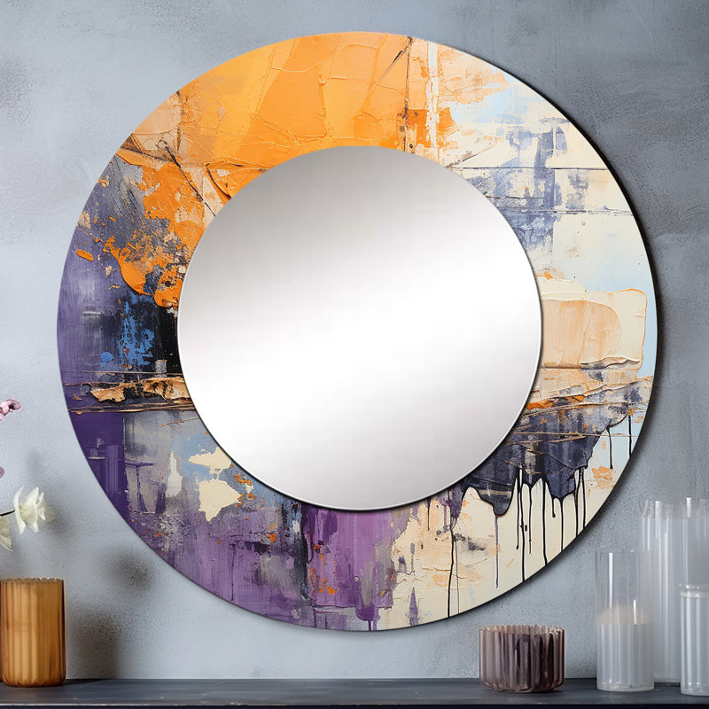 Collage Impressions V - miroir à collages abstraits, miroir mural rond jaune unique, impression sur métal, 36 po x 36 po