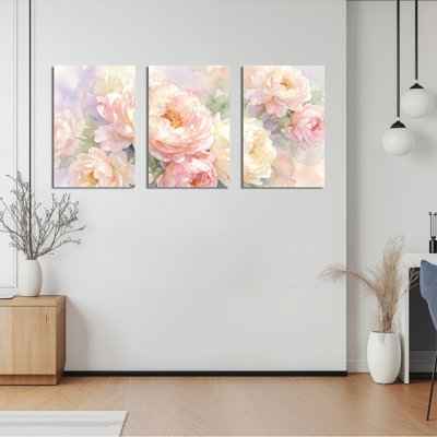 Ensemble de 3 tableaux muraux aquarelle de pivoines sur toile tendue, pour la décoration du salon et de la chambre.
