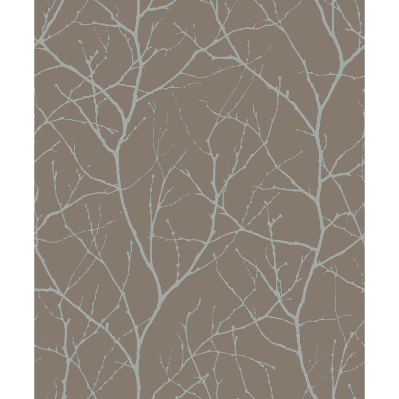 Trees Silhouette Floral Metallic Wallpaper Roll, Brown/Silver