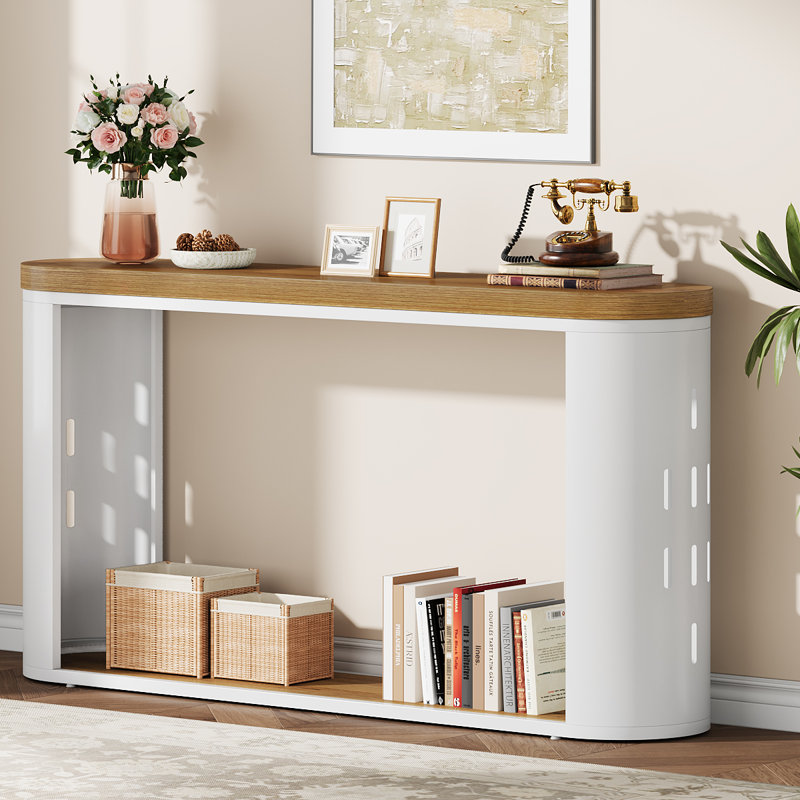 Narrow 2-Tier Console Table With Storage Shelf, Light Brown Farmhouse Entryway & Sofa Table