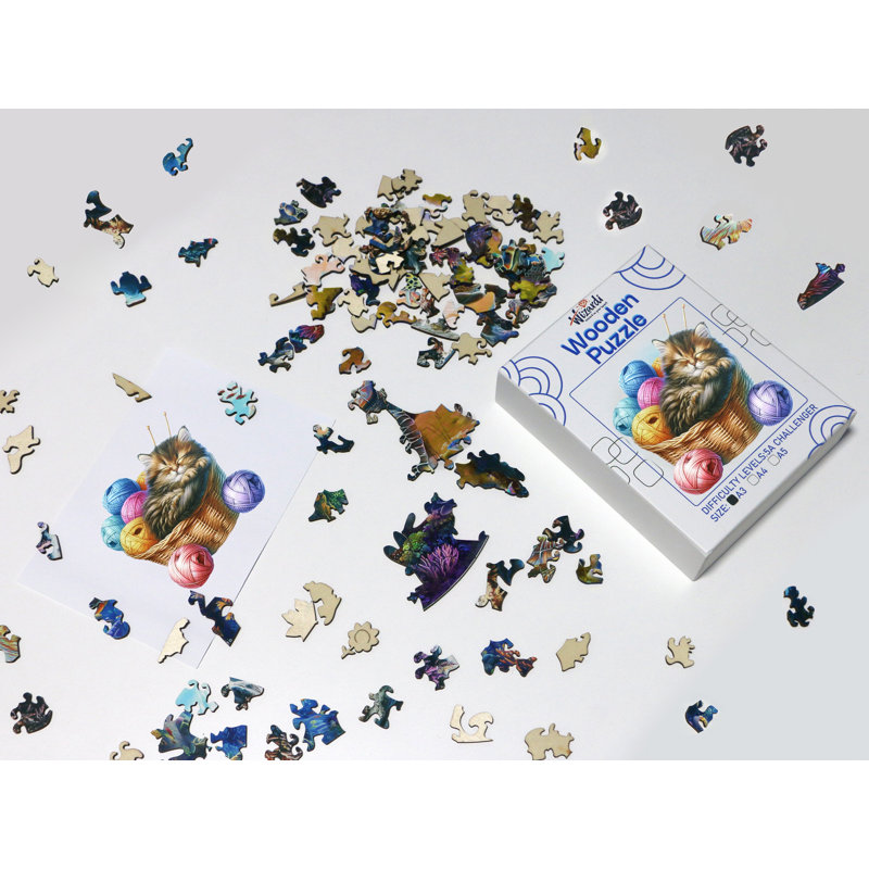 Chat dans un panier - puzzle en bois par Wizardi F07N9-36