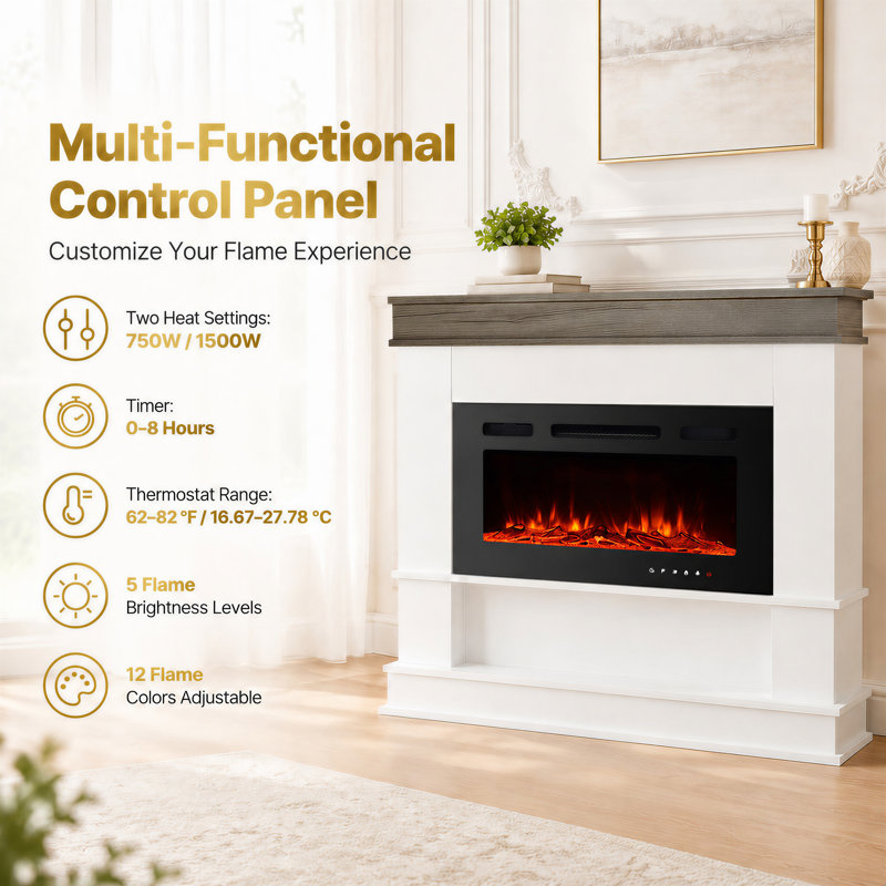 49“ Electric Fireplace with Mantel, Ultra Thin Fireplace Insert, 12 Color Changing Flame, 5 Brightness Levels, 750W/1500W Heater, Remote Control, 1-8H Timer & Overheat Protection