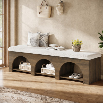 63" Upholstered Entryway Bench, 2-Tier Farmhouse Bench with Storage Shelf, Cushion Padded Ottoman for Bedroom, Hallway, Foyer,