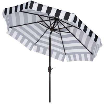 gray striped patio umbrella Irvin UV Resistant Auto Tilt Gray/White Durable polyester material is water resistant Camille French Country Leisure Denim