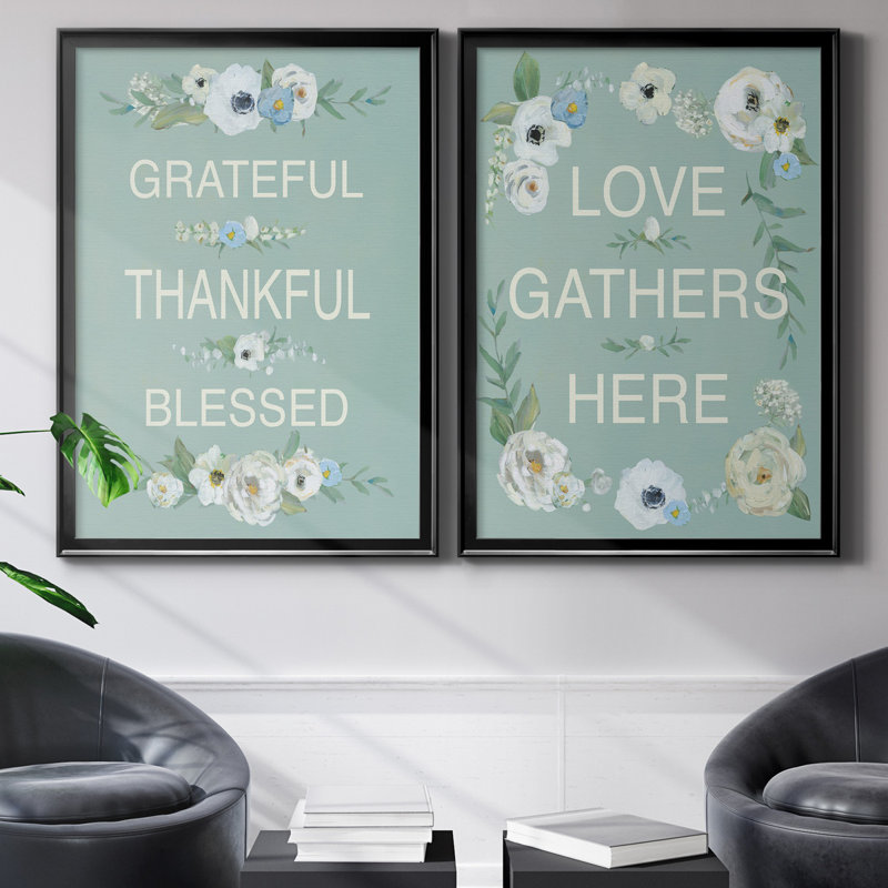 Grateful Thankful - ensemble de 2 reproductions d'art textuel, H 18,5 po x l 49 po x P 1,5 po, Toile avec cadre noir