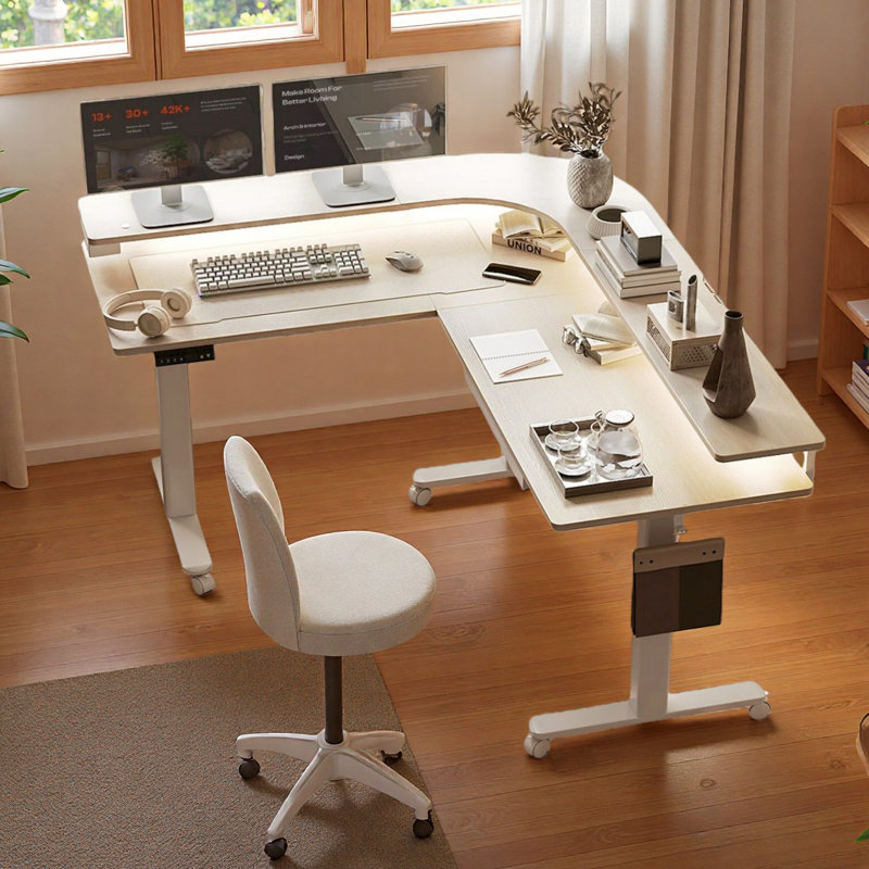 63" L Shaped Standing Desk with Drawers, Power Outlet and LED Lights, Height Adjustable, Nature