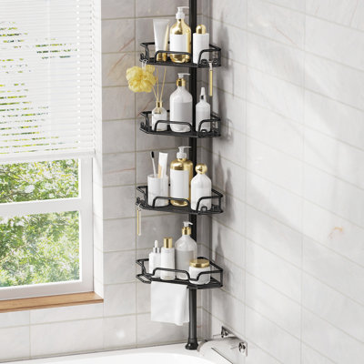 Adjustable Tension Pole Shower Caddy, 4-Tier Corner Bathroom Organizer With No Drilling Installation, Bathroom Storage Rack Corner Waterproof,Black
