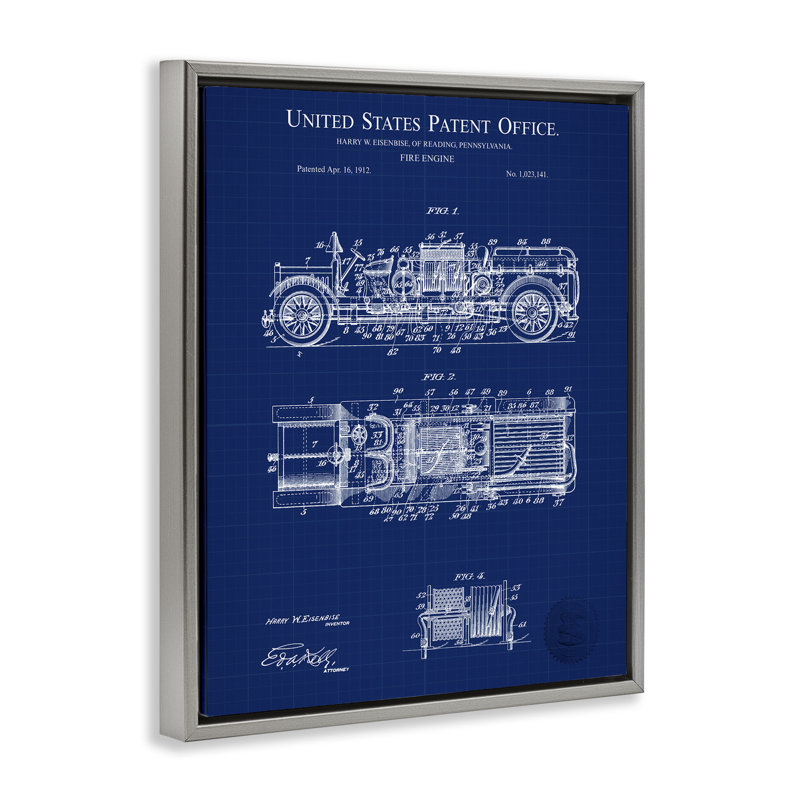 "Fire Engine Blueprint", art mural sur toile flottante par Karl Hronek, Cadre flottant gris lustré, H 31 po x l 25 po