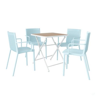 Été - Fauteuil empilable en PP bleu clair 4 pièces pour une utilisation intérieure / extérieure - Dossier ergonomique à lattes avec table pliante multifonctionnelle intérieure / extérieure moderne - Plateau de table en PP avec pieds en métal (blanc, kaki)