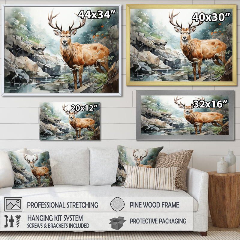 Paysage de cerfs minimalisme sur toile, Cadre photo argenté, H 30 po x l 40 po x P 1,5 po