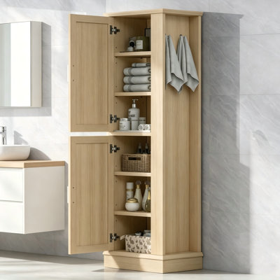 Freestanding Tall Bathroom Storage Cabinet with Hook and Adjustable Shelf