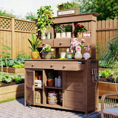 Grand banc de rempotage extérieur de 65,7 po avec huche, poste de travail de jardin en bois de sapin massif avec grand comptoir, 6 tiroirs, tablettes réglables, 2 armoires et table de rangement pour le patio