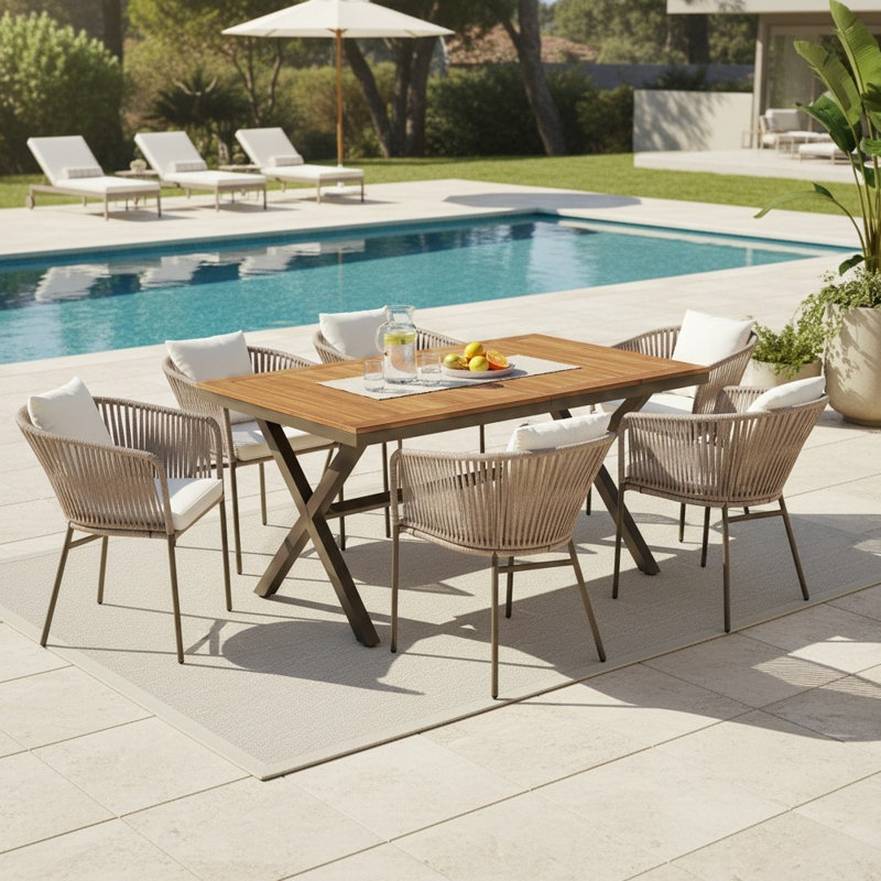 Ensemble de salle à manger de patio 7 pièces, ensemble de meubles d'extérieur toutes saisons avec table et chaises, Beige