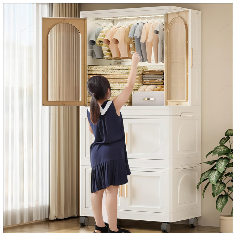 25.59" Side Wide Folding Wardrobe , With Magnetic Door, Plastic Storage Cabinet With Wheels