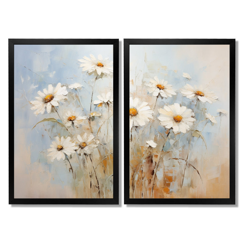 «White Daisy Fields Elegance - Daisies Large Wall Art», ensemble de 2 impressions sur toile florales blanches, Noir