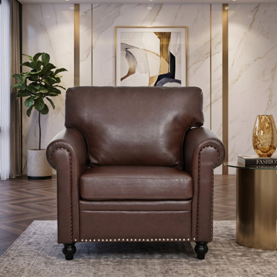 Faux Leather Rolled Arm 3-Seater Sofa with Nailhead Trim