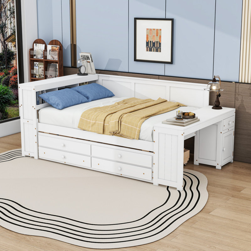 3 Drawers Wood Daybed with LED and Desk and Trundle and Charging Station, White