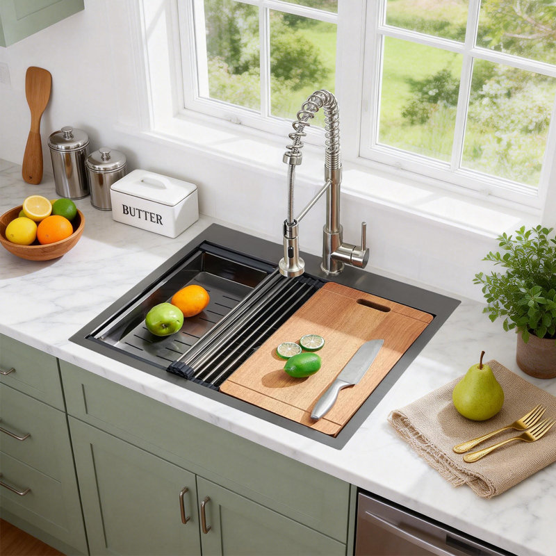 25X22 Black Drop In Kitchen Sink, 25 Inch Topmount Stainless Steel Workstation Sink