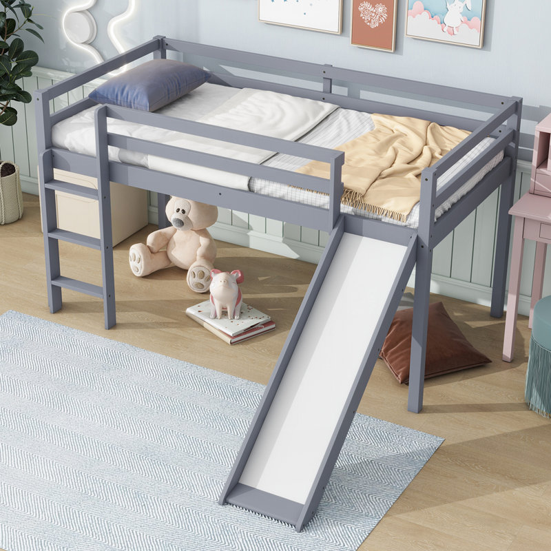 Lit simple mezzanine bas avec glissade, gris