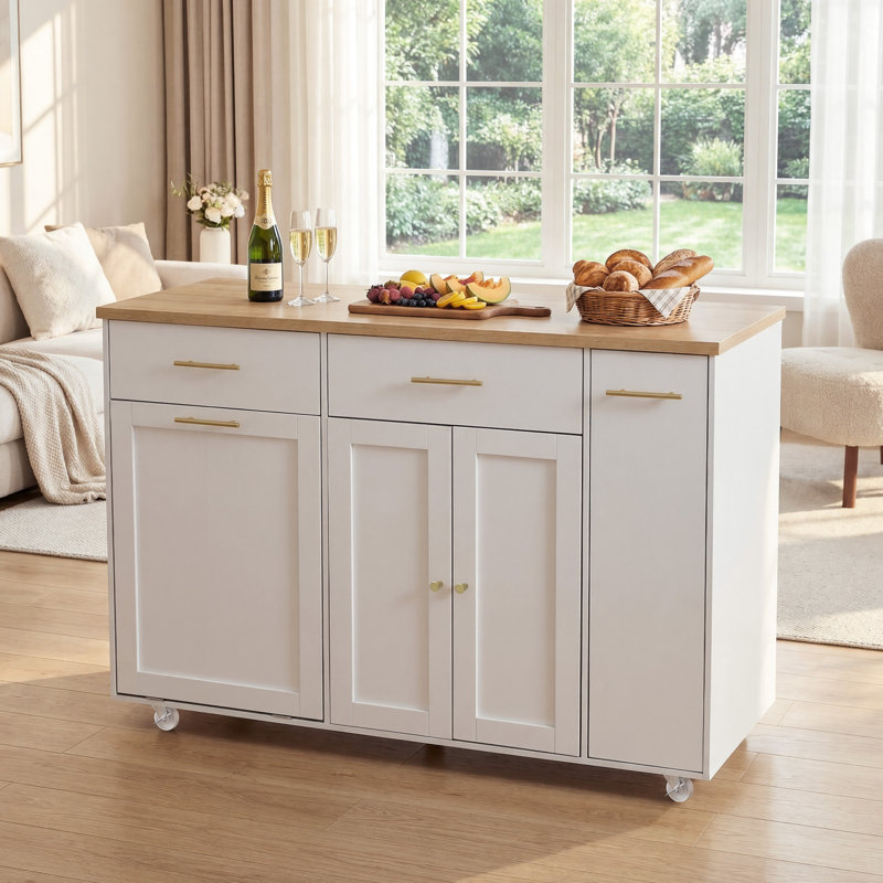 Îlot de cuisine 52 po avec rangement sur 5 roulettes, table d'îlot mobile pour la cuisine avec tiroirs, poubelle et support coulissant, îlot de cuisine roulant avec tablettes réglables pour la salle à manger, blanc