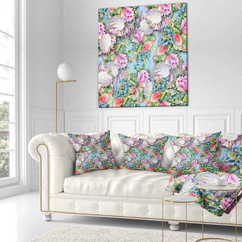 Motif de fleurs roses sur fond bleu - coussin à imprimé floral, 16 po x 1 po, Coussin décoratif