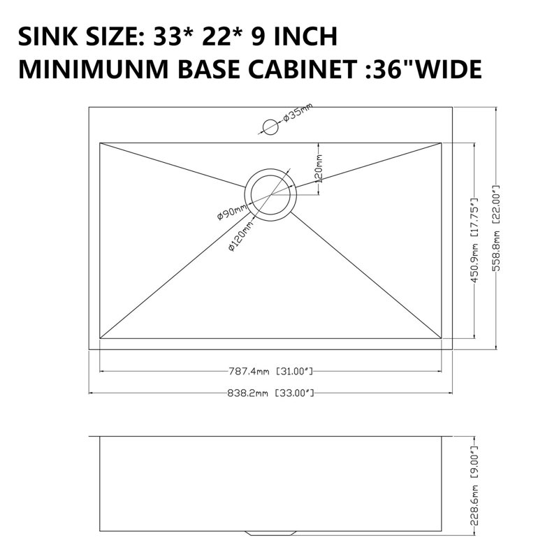 33" L x 22" W Kitchen Sink