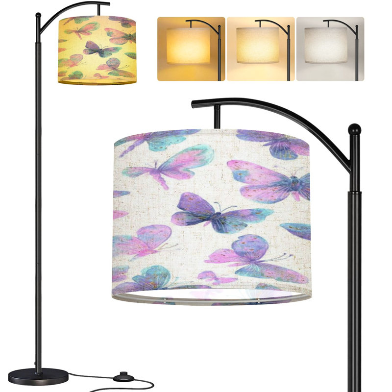  Arc Floor Lamp iridescent butterflies white Tall Modern Standing Lamp LED Adjustable Linen Lampshade 3 Color Temperatures