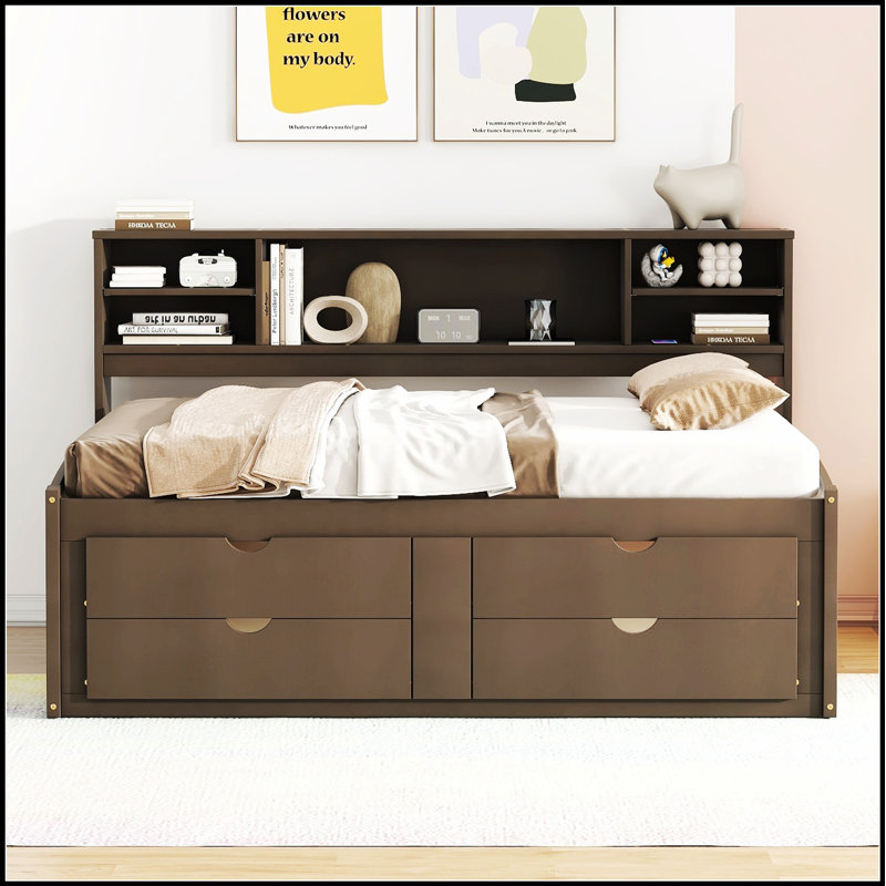 Lit de jour en bois avec 2 armoires de chevet, tablettes supérieures et 4 tiroirs pour un rangement polyvalent et un design élégant
