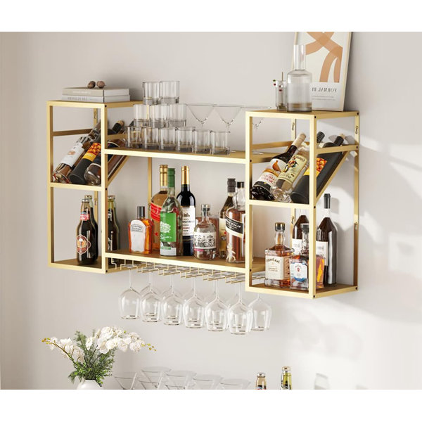 Everly Quinn Floating Gold Metal Bar Shelves With Wine Rack And Glass ...