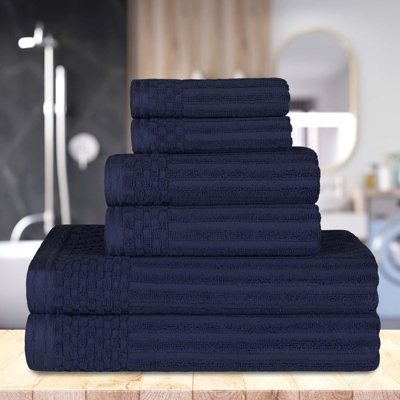 Ruvins Cotton Highly Absorbent 6-Piece Solid and Checkered Border Towel Set, Navy Blue
