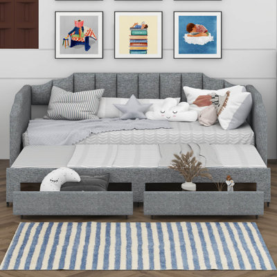 Twin XL To King Extendable Daybed With Storage Drawers & LED Lights, Upholstered Sofa Bed, Twin XL Upholstered Daybed