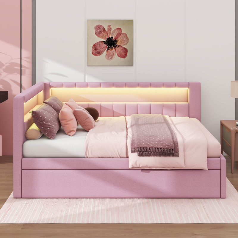 Lit plateforme double entièrement rembourré avec accès USB, éclairage à DEL et lit gigogne caché, Rose