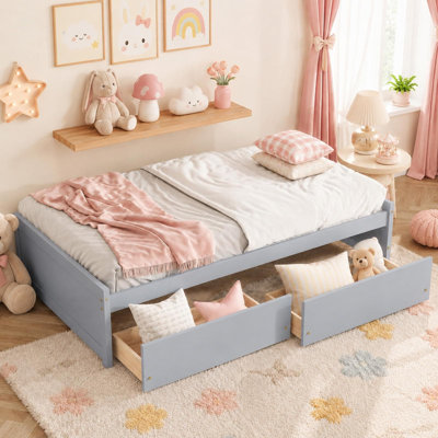 Structure de lit simple avec tiroirs de rangement, lit plateforme en bois massif avec 2 tiroirs sous le lit, pas de sommier tapissier, cadre de lit simple en bois pour chambre d'enfant, chambre d'amis, pas de sommier tapissier nécessaire, gris