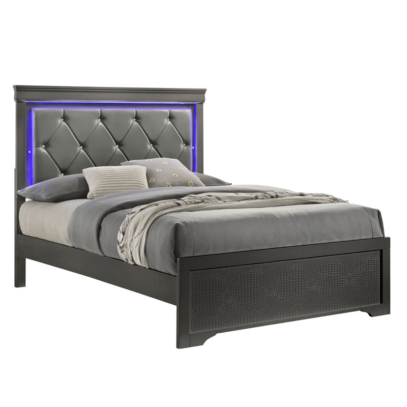 Lit simple, revêtement gris métallique, éclairage à DEL, design moderne, confortable, luxueux, style chambre à coucher, gris, tête de lit tapissier, fonctionnel