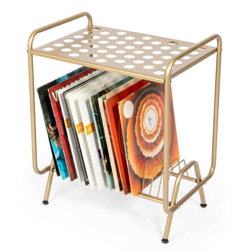 2-Tier Gold Metal Record Player Stand With 16 Slot Vinyl Record Holder - Honeycomb Design Turntable Shelf With Record Shelf, Vinyl Record Player Stand