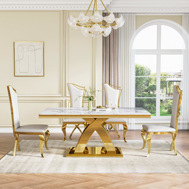 70.08" Rectangular Faux Marble Top Pedestal Dining Set, Gold, 5 Pieces: Table, 4 Chairs