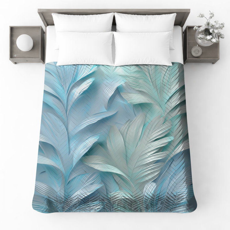 Textured Leaf Pattern Quilted Thin Bedspread, Queen, Medium Blue Light Gray