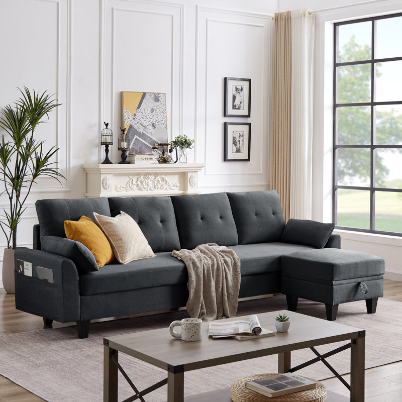 Linnzi 101'' Upholstered Sectional Sofa With Storage Ottoman, Dark Gray