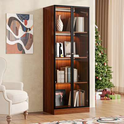 63'' Tall Walnut Finish Glass Display Shelves with Storage for Collectibles, 4-Tier Wooden Curio Case with Lighted and Glass Doors, Mid Century Modern Hutch China Cabinet for Living Room  Kitchen, Brown