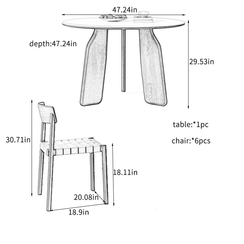 Round Simple Oak Dining Table Sets., 29.53"H x 47.24"L x 47.24"W