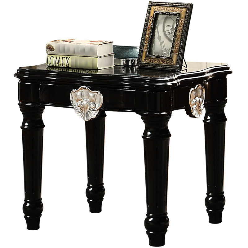 Table de bout noire avec base tournée et éléments en bois de peuplier