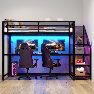 Lit mezzanine double avec lumières à DEL, bureau intégré et escalier de rangement | Structure de lit mezzanine multifonctionnelle en métal avec ports USB, filets de fer | Aucun sommier tapissier requis, conception silencieuse, noir