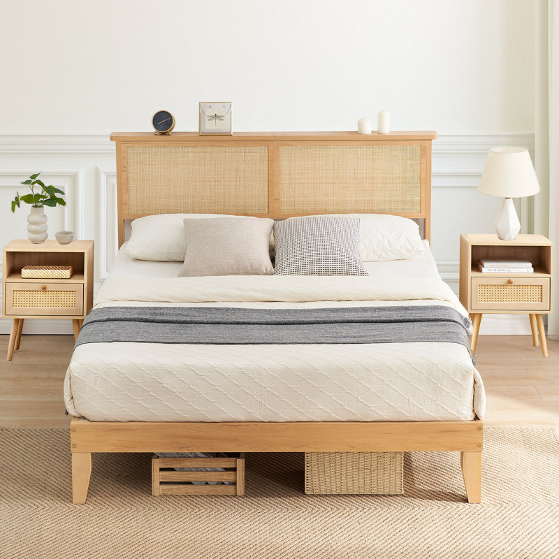 Natural Rattan Full Bed Frame with LED Headboard and Wood Legs, No Box Spring Needed, Full