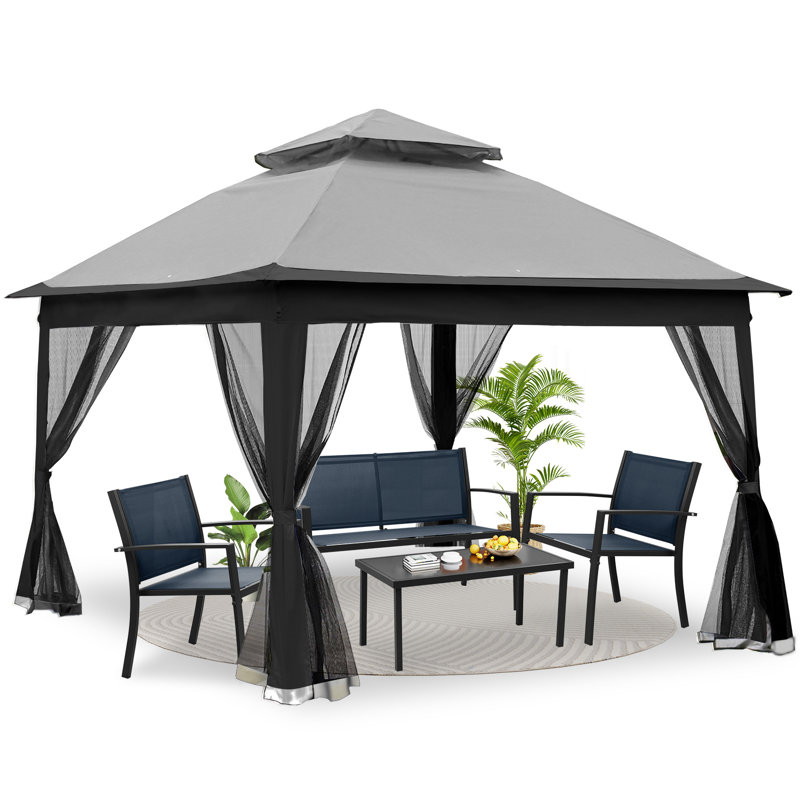 11X 11 Ft Double Roof Pop-Up Gazebo Canopy With Removable Zipper Netting, Gray