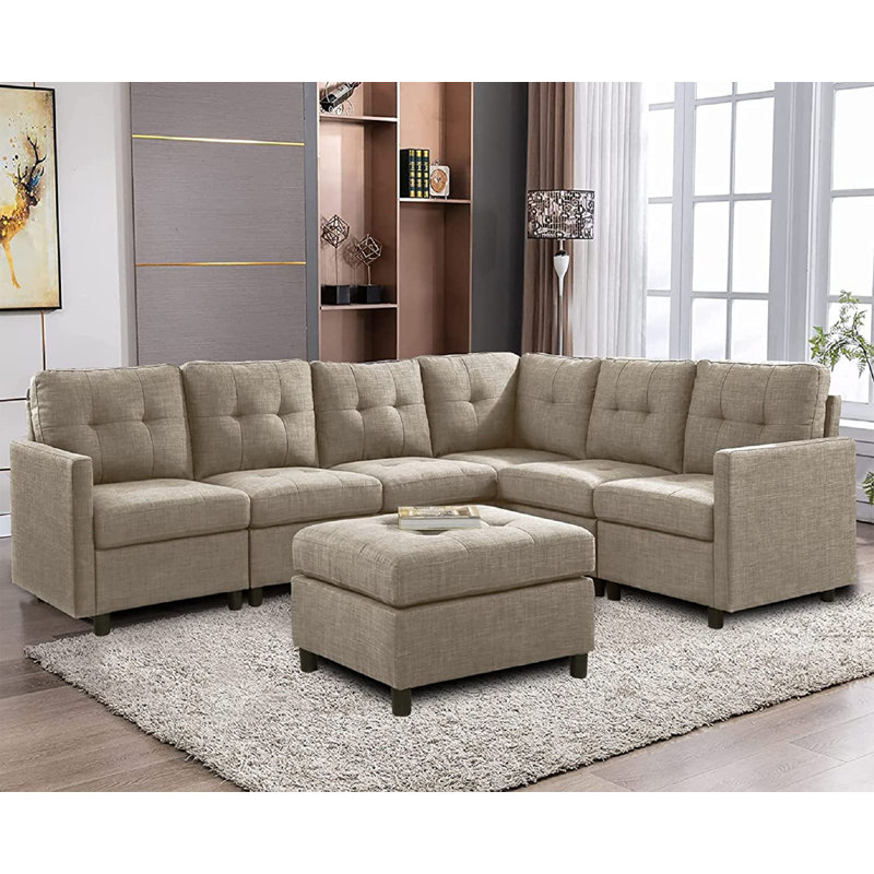 Modular Sofa & Chaise with Ottoman, Light Gray Linen