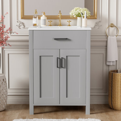 Meuble-lavabo de salle de bain de 24 po avec lavabo en céramique, beaucoup d'espace de rangement, portes à fermeture en douceur, poignées noires et tablette ajustable en forme de U pour les petites salles de bain de 24 po avec tiroir rabattable, double