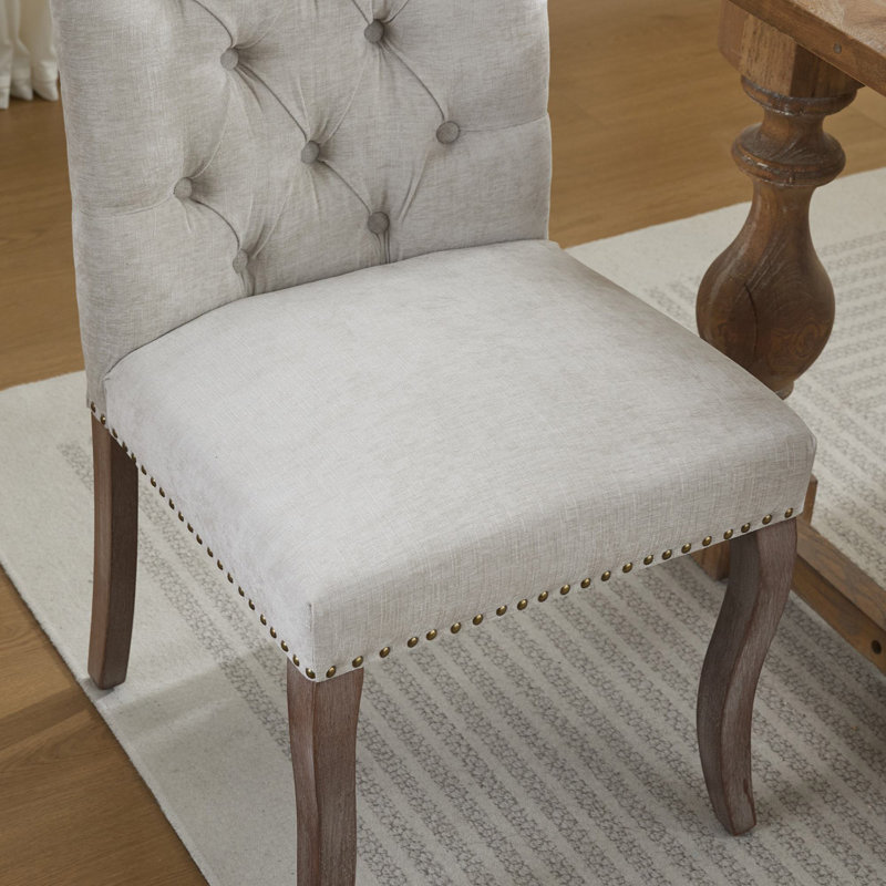 Chaise de salle à manger rembourrée en tissu de chenille, pieds courbés en bois massif, élégante chaise de salle à manger club de salle à manger capitonnée, ensemble de 2, beige